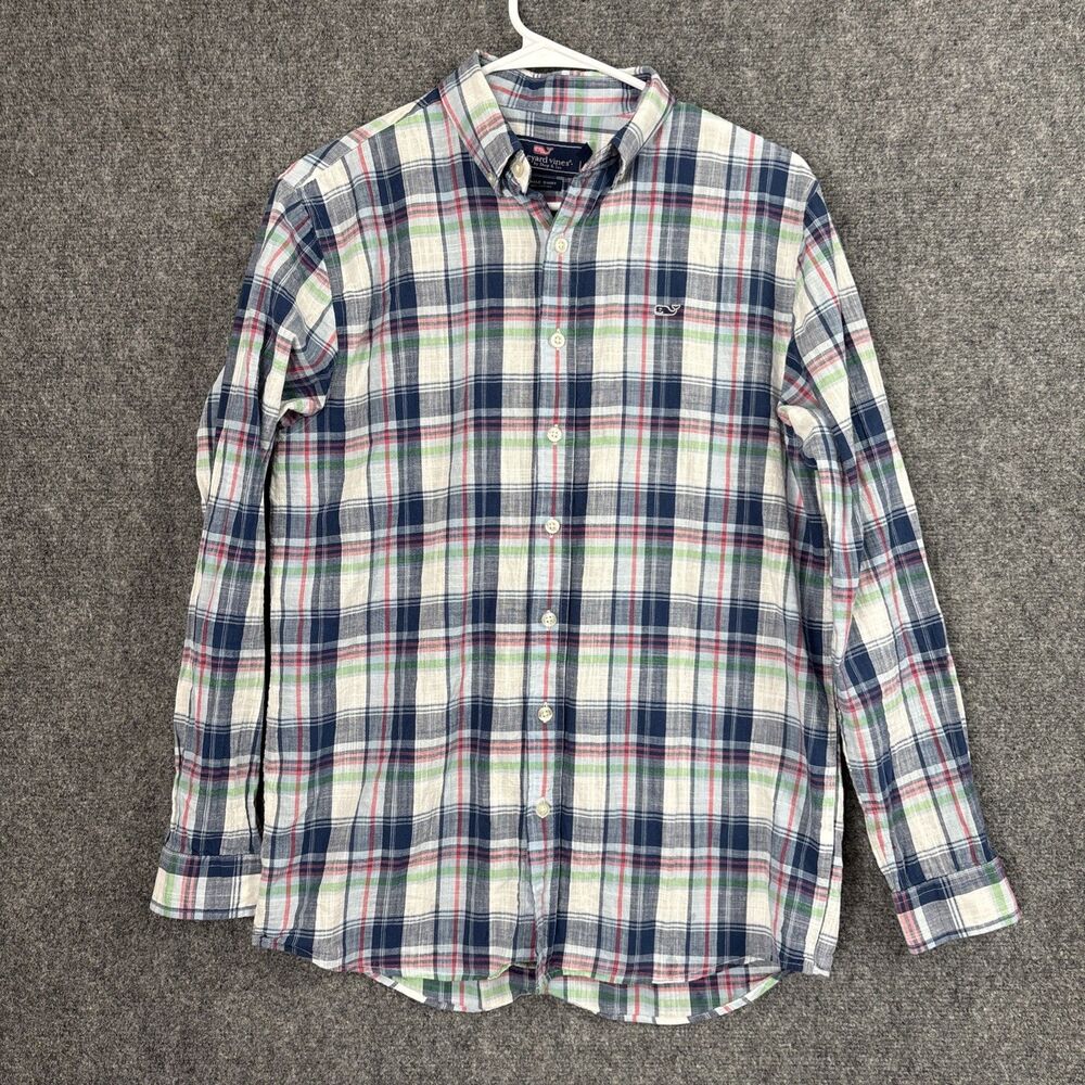 Vineyard Vines Whale Shirt Boys Size XL 18 Blue Plaid Preppy Coastal Cottage